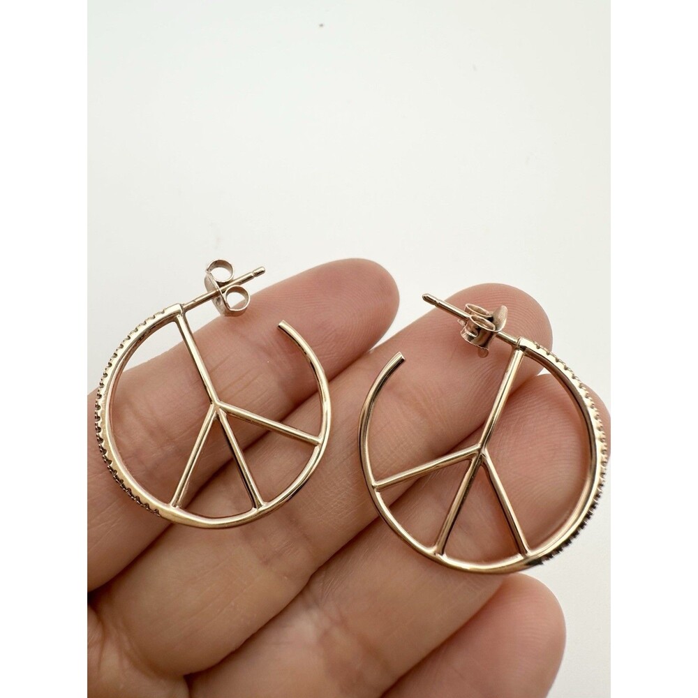 925 Sterling Silver Rose Gold Vermeil Peace Sign C Z Hoop Earrings